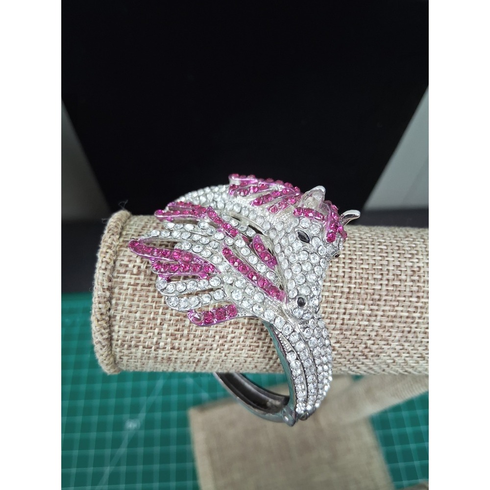 UNIQUE Horse Pink Silver Tone‎ Rhinestone Bangle Bracelet Hinge Bling Signed